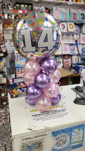 Satin pink and lilac 14th birthday mini balloon column