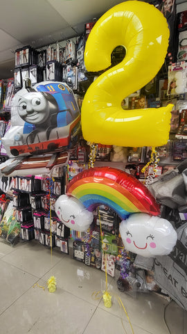 Thomas the Tank Engine, Rainbow and yellow number 2 foil balloons on weight