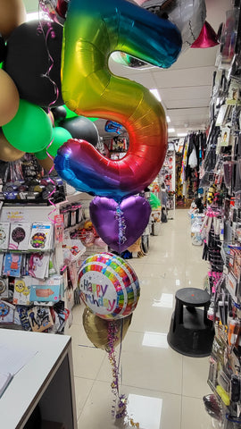 Rainbow Number five balloon with chrome gold, satin purple and rainbow happy birthday foil balloon