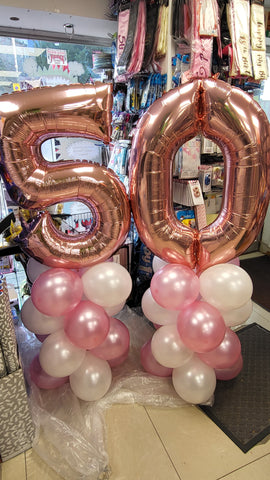 Rose gold pink 50th birthday balloon columns