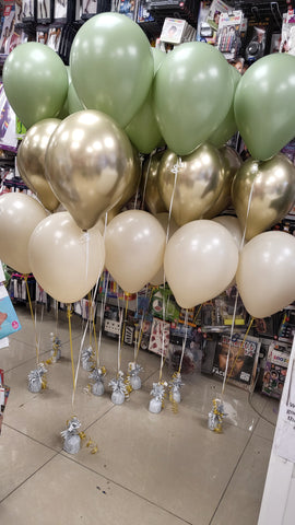 Sage Eucalyptus green, Chrome Gold and White Sand three balloon bouquets