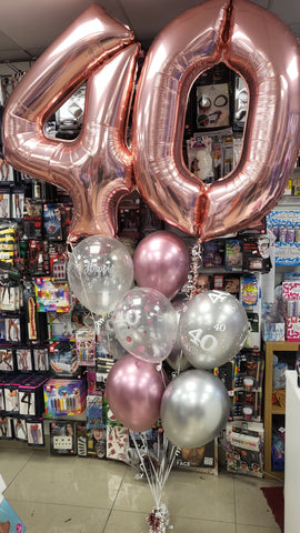 Rose gold pink, white and silver 40th birthday double number balloon bouquet
