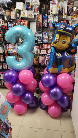 Pink, purple and blue Paw Patrol 3rd birthday balloon columns