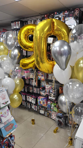 Yellow gold, silver and white 90th birthday mega balloon bouquets with numbers