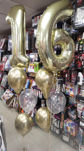 White gold and clear 16th Birthday three balloon bouquets with added foil numbers