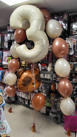 Brown simple linking balloon arch with teddy bear and cream number three foil balloons