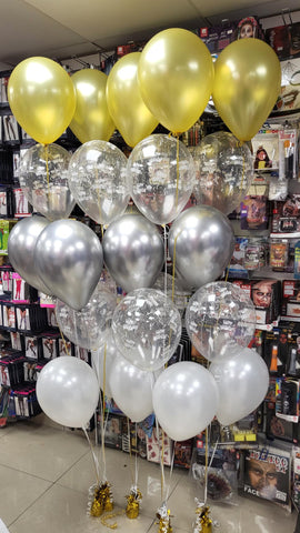 Gold, silver and clear happy birthday five balloon bouquets