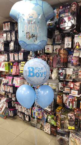 Pastel blue two balloon bouquet with attached It's a Boy foil and supershape