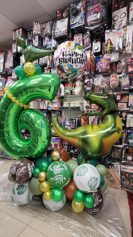 Sixth Birthday dinosaur themed Deluxe Double Supershape balloon display