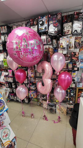 Pink 3rd birthday three balloon bouquets and foils