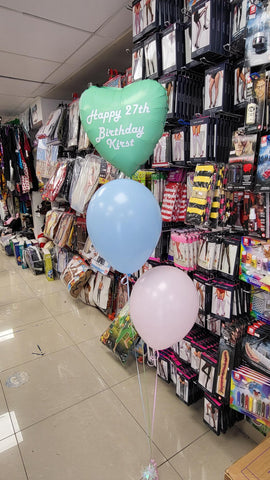 Pastel two balloon bouquet with added personalised foil balloon