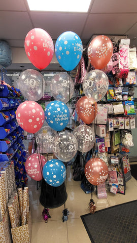 pink blue and rose gold five balloon bouquets for 40th, 21st and 80th birthdays