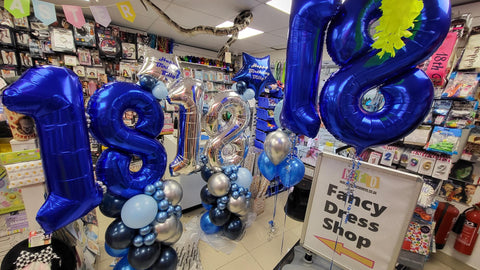 Blue and silver personalised double number balloon columns and number balloons