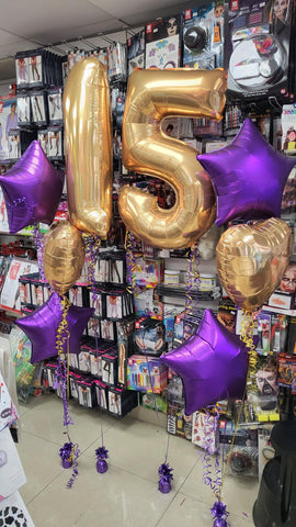 Gold and purple star and heart three balloon bouquets with gold foil 15 number balloons