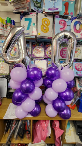 Purple lilac and silver 40th birthday mini columns