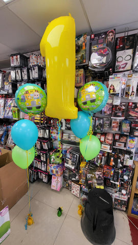 Yellow, caribbean blue and lime green Cocomelon 1st birthday balloons