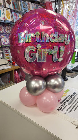 Birthday Girl pink and silver mini pyramid balloon display
