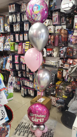 Pink and silver 18th Birthday mini pyramid balloon bouquet