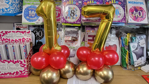Red and gold 17th birthday Mini Number table centrepieces
