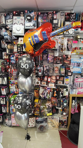 Black and silver 50th birthday four balloon bouquet with added Electric Guitar Foil