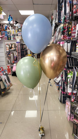 Sage green, chrome gold and pastel dusk blue three balloon bouquet