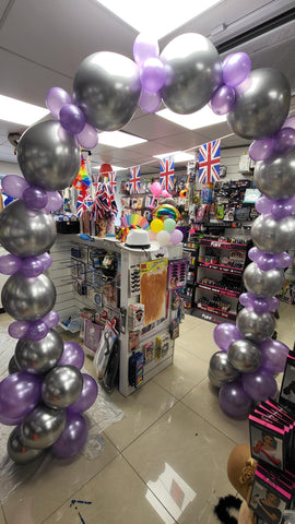 Chrome silver and satin lilac deluxe air-filled balloon arch