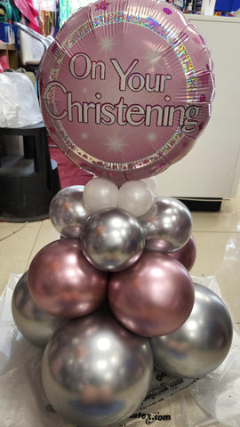Chrome pink, chrome silver & white Christening balloon pyramid