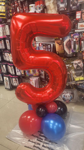 Red, blue and black 5th birthday simple supershape balloon display