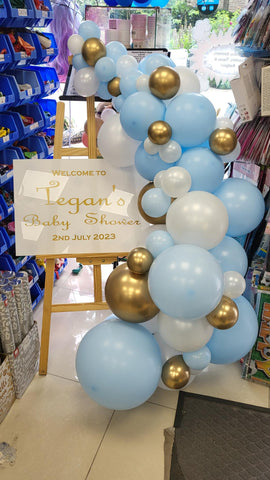 Baby blue, satin white and reflex gold personalised Baby Shower easel display