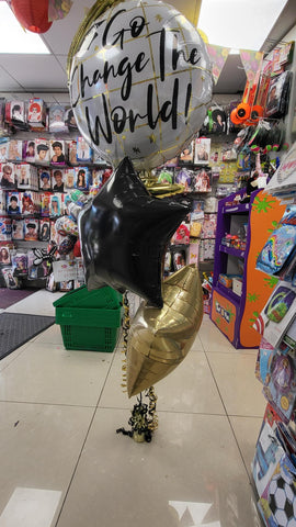 Black and gold Go Change the World Exam results foil balloon bouquet