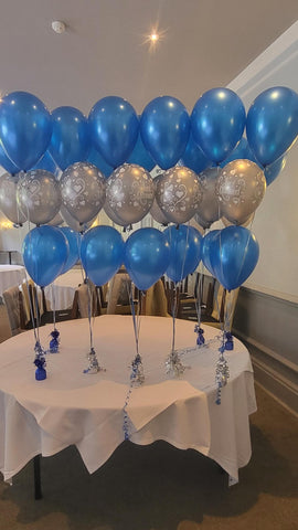 Metallic blue and silver Just Married three balloon bouquets