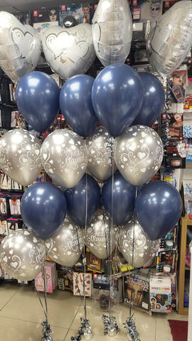 Navy blue and silver just married four balloon bouquets with added entwined hearts foil balloon