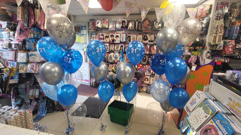 Blue and silver 21st birthday three balloon bouquets and mega balloon bouquets