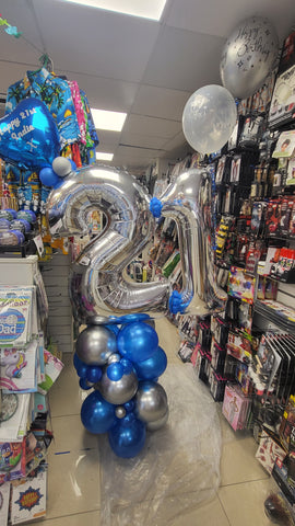 Silver and blue 21st birthday balloon column