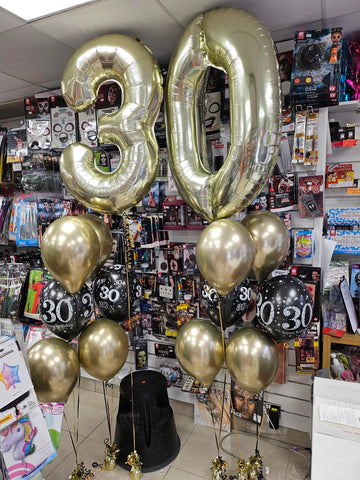 Gold and black 30th birthday 5 balloon bouquets with added number balloons