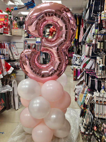 Pastel matte pink and satin white 3rd birthday number balloon column