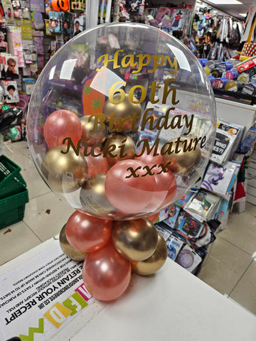 Rose gold and gold 60th Birthday personalised bubble balloon display