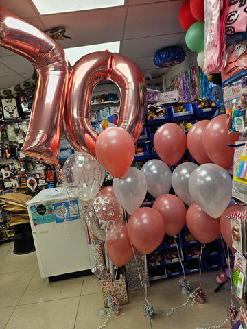 Rosewood and white 70th birthday balloon bouquets and numbers