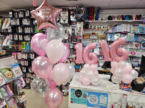 Pastel pink and white 16th Birthday Mega bouquet with added personalised rose gold foil star and two double number mini table centrepieces