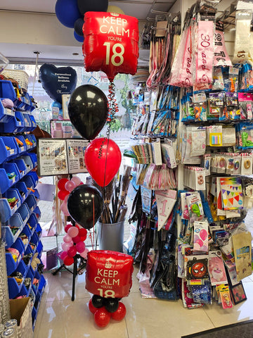 Red and black 18th Birthday mini pyramid balloon bouquet