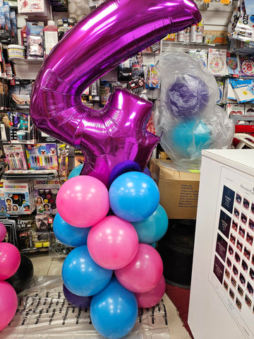 Purple pink and turquoise 4th birthday balloon column