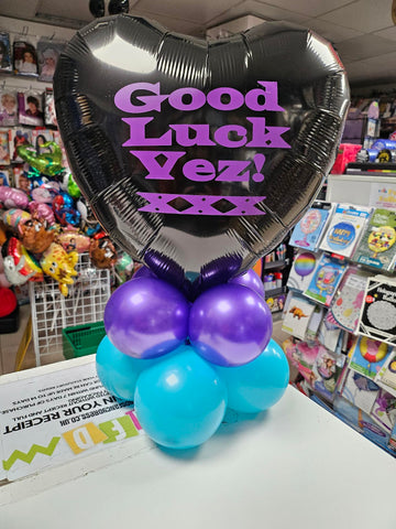 Personalised Good Luck black purple and turquoise Mini balloon pyramid