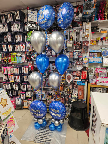 Blue and silver 21st birthday mini pyramid balloon bouquets