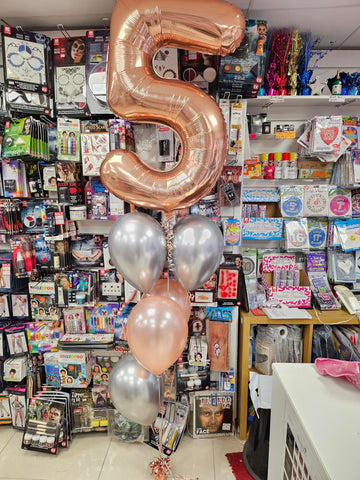 Rose gold and silver 5th birthday five balloon bouquet with added rose gold (gold) number five
