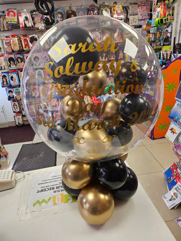 Black and gold Graduation personalised bubble balloon centrepiece