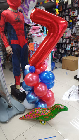 blue and red number seven balloon column with t-rex balloon