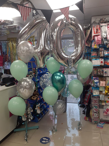 Mint green and silver 40th birthday balloons