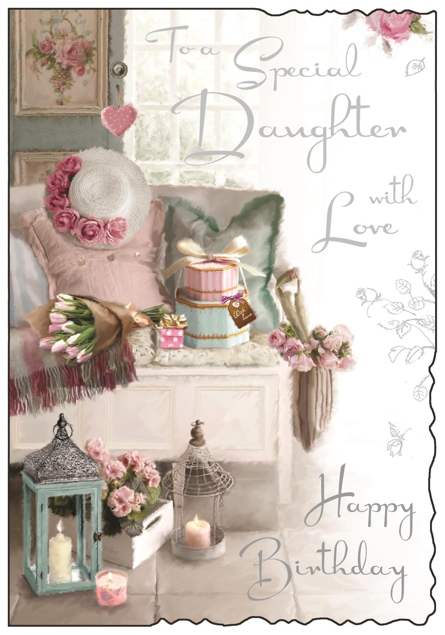 Front of Daughter Bench & Lanterns Birthday Greetings Card