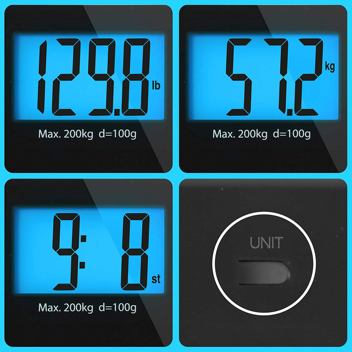 Duronic BS203 Báscula balanza de baño Digital - hasta 200kg - Pantalla LCD con Texto XL - Diseño Elegante y Antideslizante - Se Enciende al subirse - Sensores de precisión - Pesa en kg, LB, st