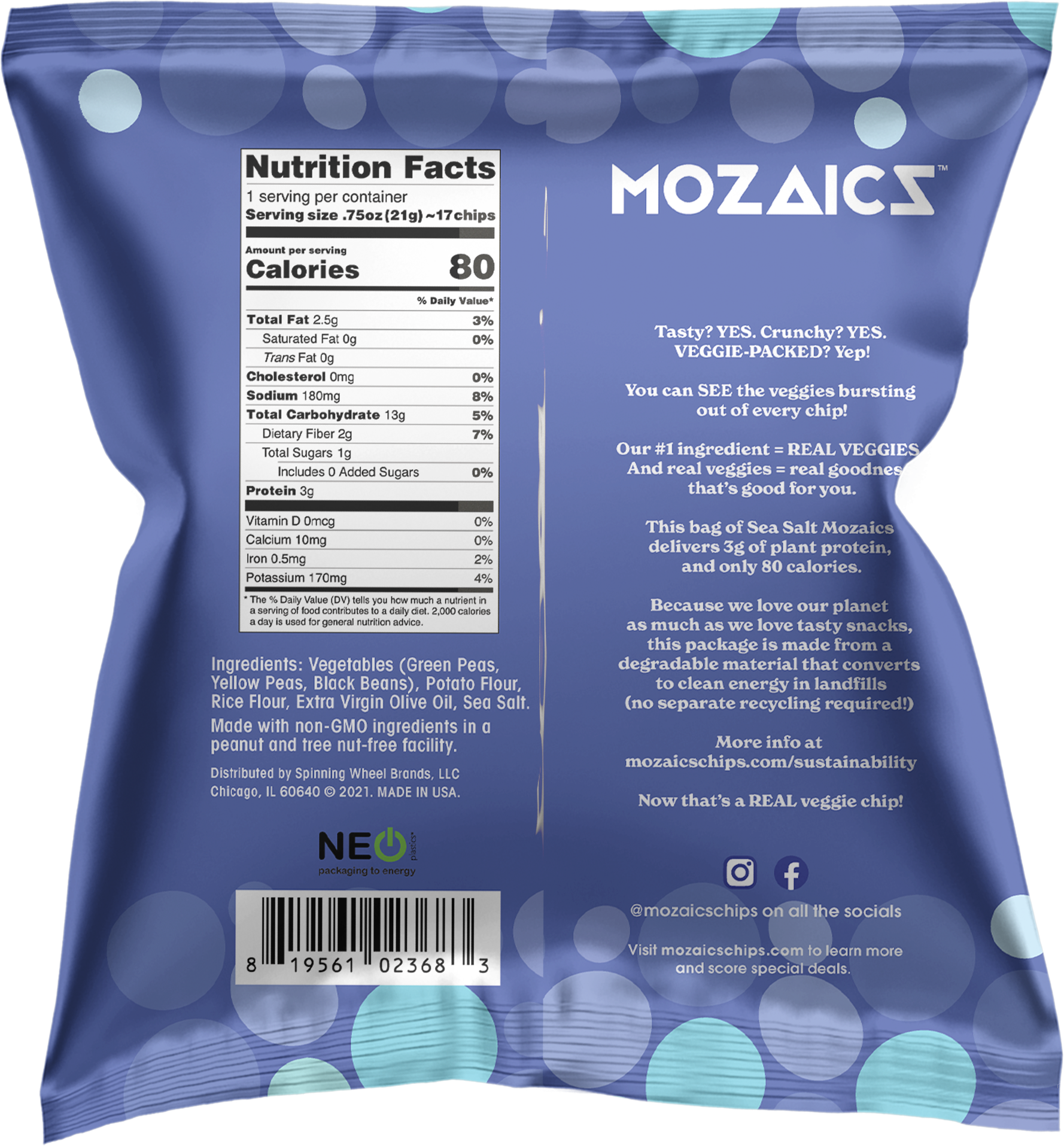 Non-GMO Popped Veggie Chips: Sea Salt 0.75 oz (20 Pack)